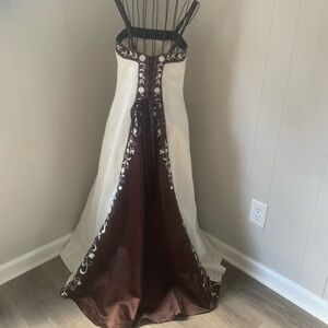 Niki by Niki Livas Off White and Brown Beaded Gown